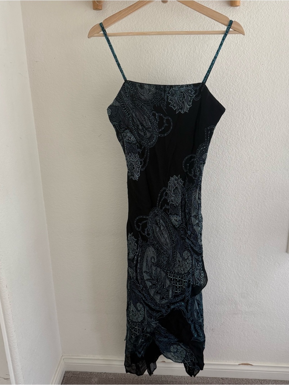 Y2K Eva Blue whimsigoth fairy paisley asymmetric hem beaded strap midi dress